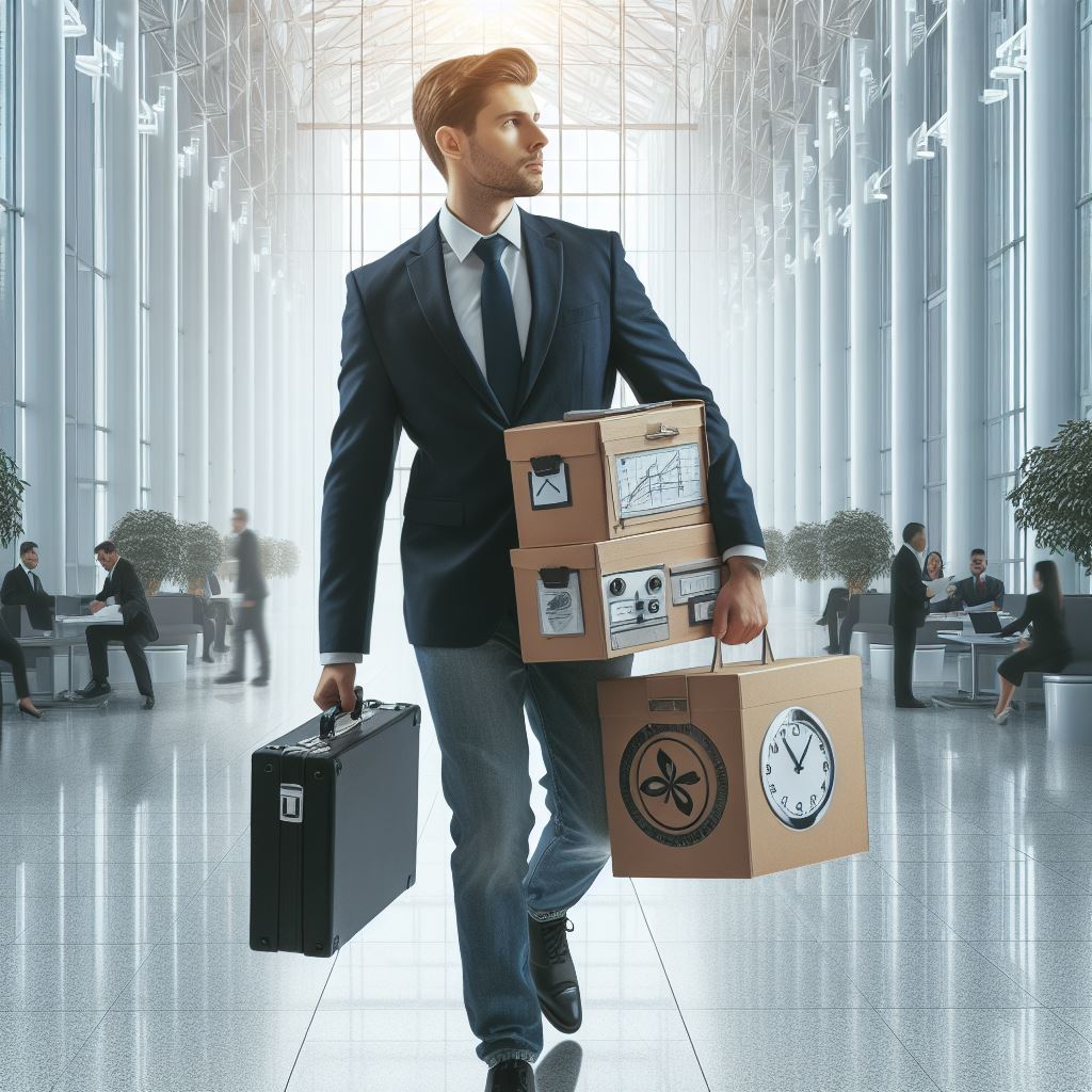 secretary carrying a toolbox walking in an office building